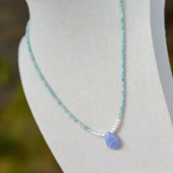 Larimar & Freshwater Pearl Necklace with Blue Lace Agate Pendant – 18.25” - Picture 2 of 5